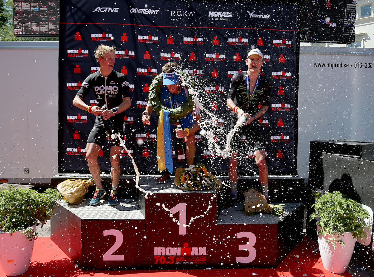 L-R: Pieter Heemeryck (silver), Florian Angert (gold) and Max Neumann (bronze) on the 2018 Ironman 70.3 Jonkoping podium, Sweden