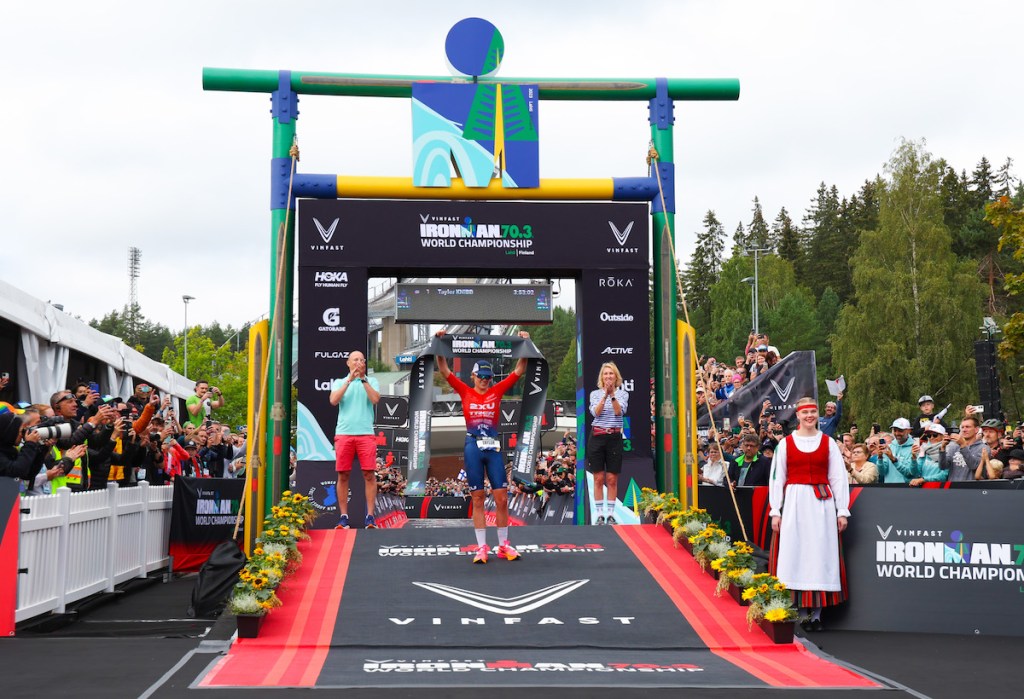Pro US triathlete Taylor Knibb winning the 2023 Ironman 70.3 World Championship, in Lahti, Finland