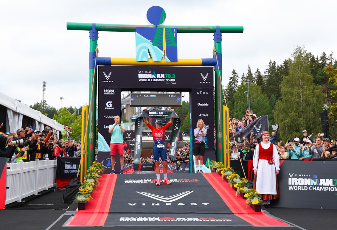 Pro US triathlete Taylor Knibb winning the 2023 Ironman 70.3 World Championship, in Lahti, Finland