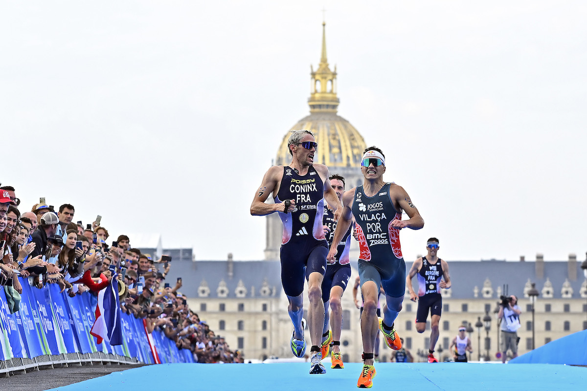 Dorian Coninx of France and Vasco Vilaça of Portugal fight for second place at the Paris Olympics Test Event on 18 August, 2023