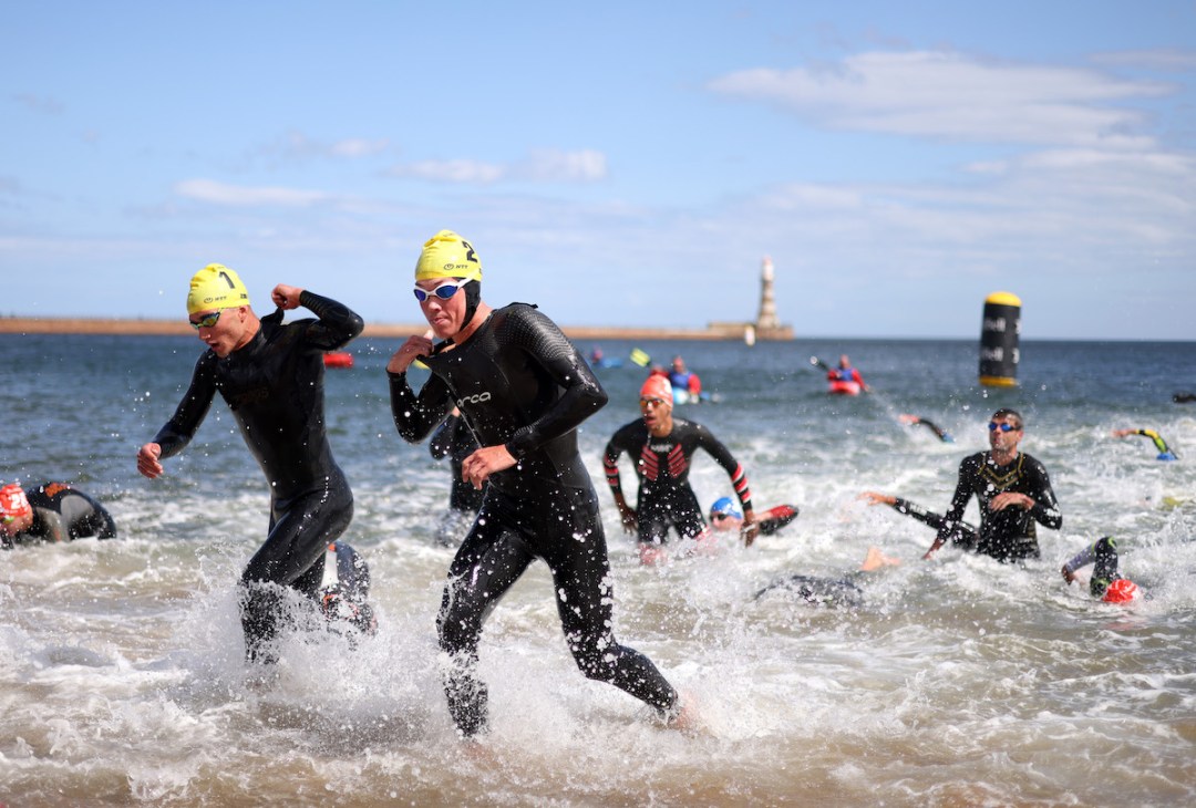 Hayden Wilde exits the sea swim at WTCS Sunderland 2023, where he would eventually finish third