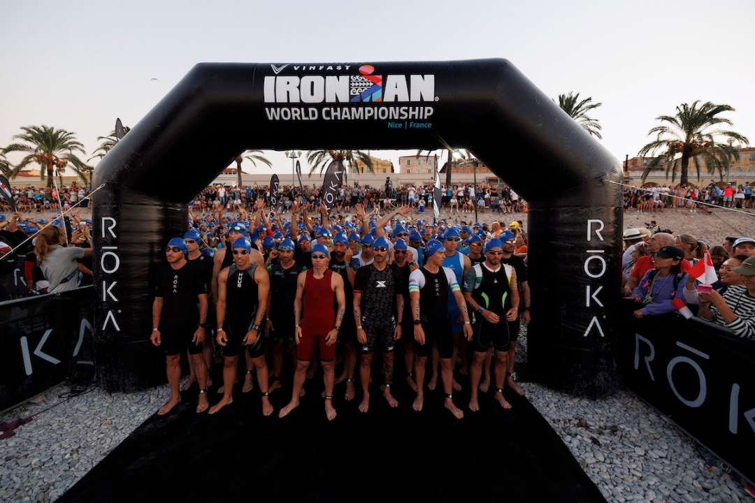 Athletes wait at the start of the 2023 men's Ironman World Championship, on 10 September, in Nice, France