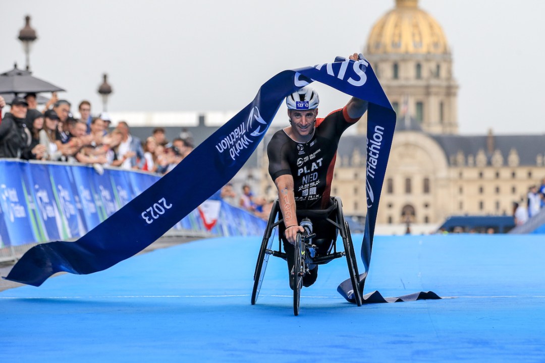 Jetze Plat winning the PTWC race at the Paris Olympics Test Event in August 2023