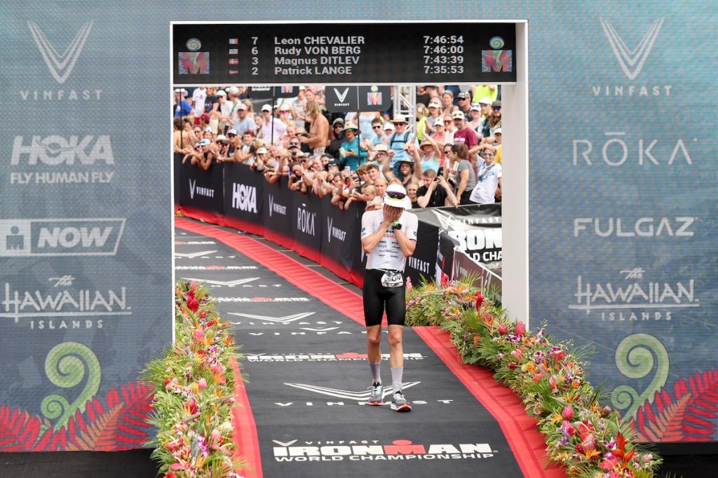 Leon Chevalier of France reacts after taking fourth place during the VinFast IRONMAN World Championship on October 26, 2024 in Kailua Kona, Hawaii.  