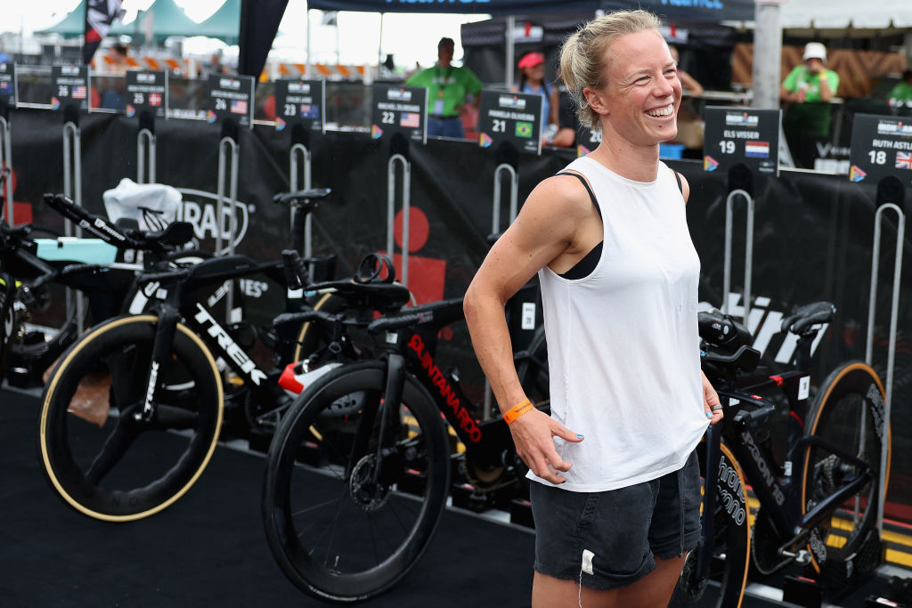 GB pro triathlete Ruth Astle prepares her bike in transition before the 2023 Ironman World Championship in Kailua Kona, Hawaii.