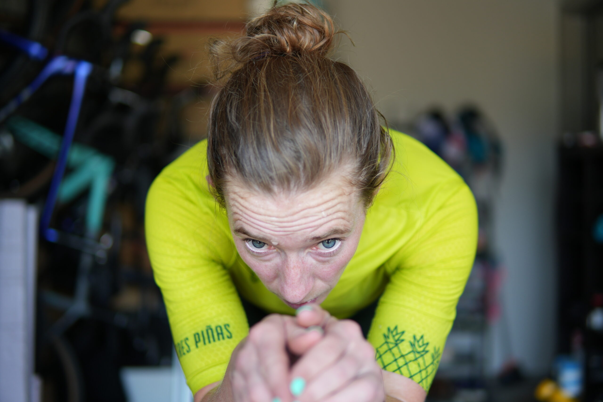Triathlete Fiona Moriarty trains indoors