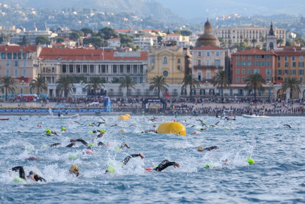 Athletes compete in the swim section of at Ironman France on June 16, 2024 in Nice, France