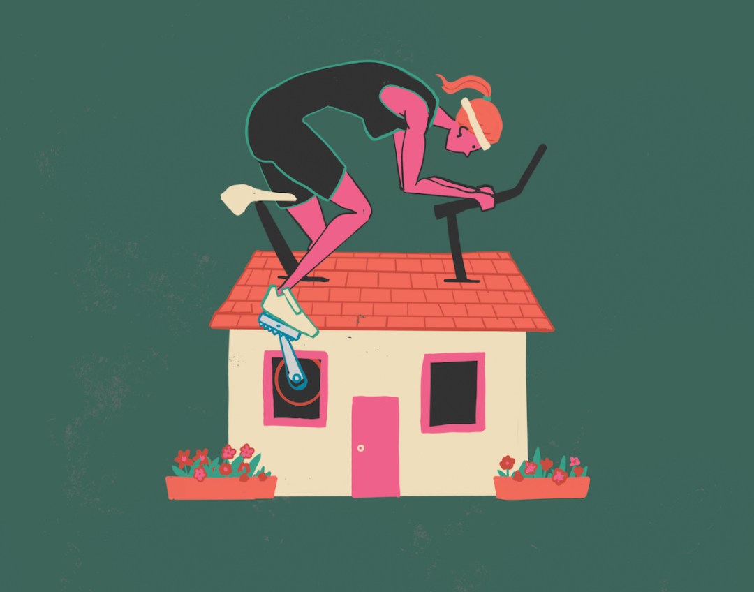 Illustration of a female cyclist on top of a house