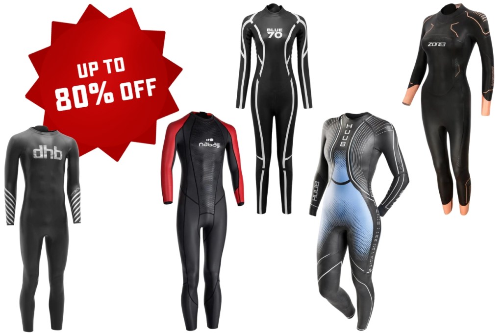 Wetsuits with deal sticker on a white background