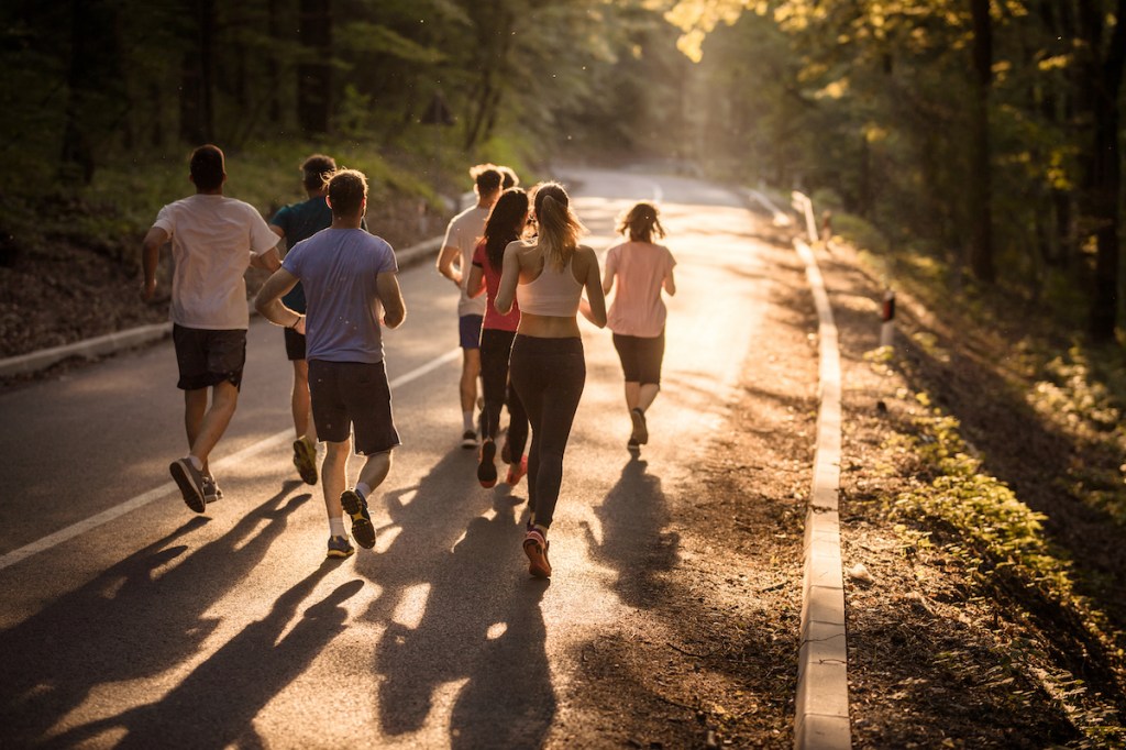 Back view of group of people running a marathon on asphalt road at sunset