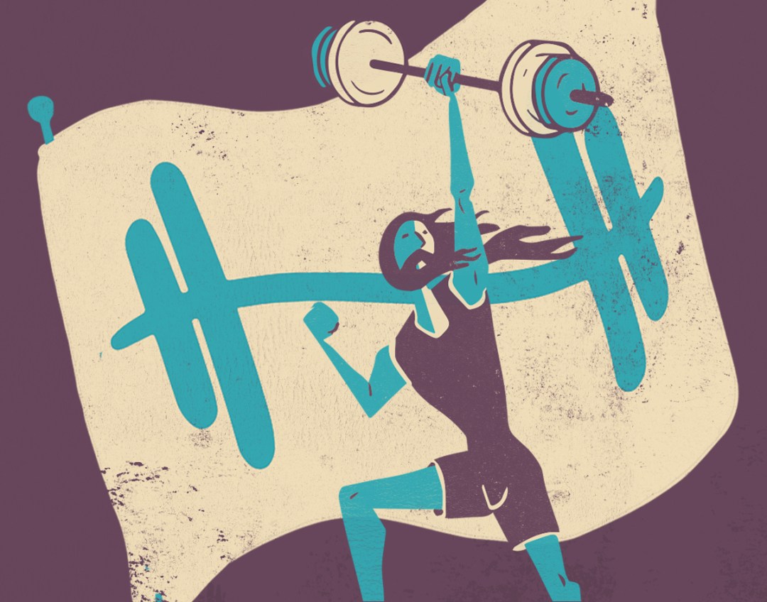 Illustration of man holding up a barbell in one hand above his head