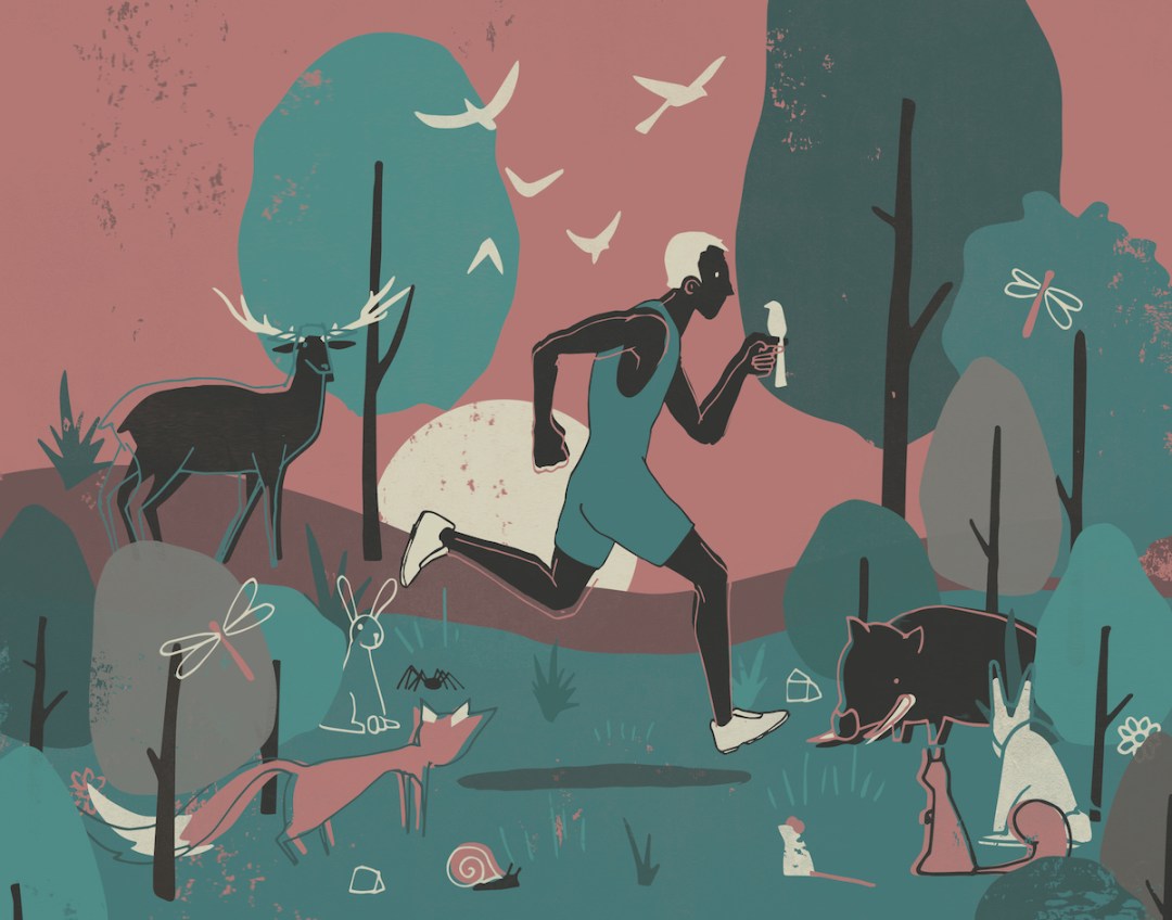 Illustration of a male runner in the woods surrounded by animals