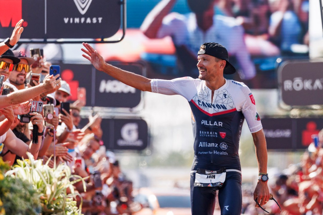 Jan Frodeno of Germany reacts after after crossing the finish line of the 2023 Men's VinFast IRONMAN World Championship, on September 10, 2023 in Nice, France.