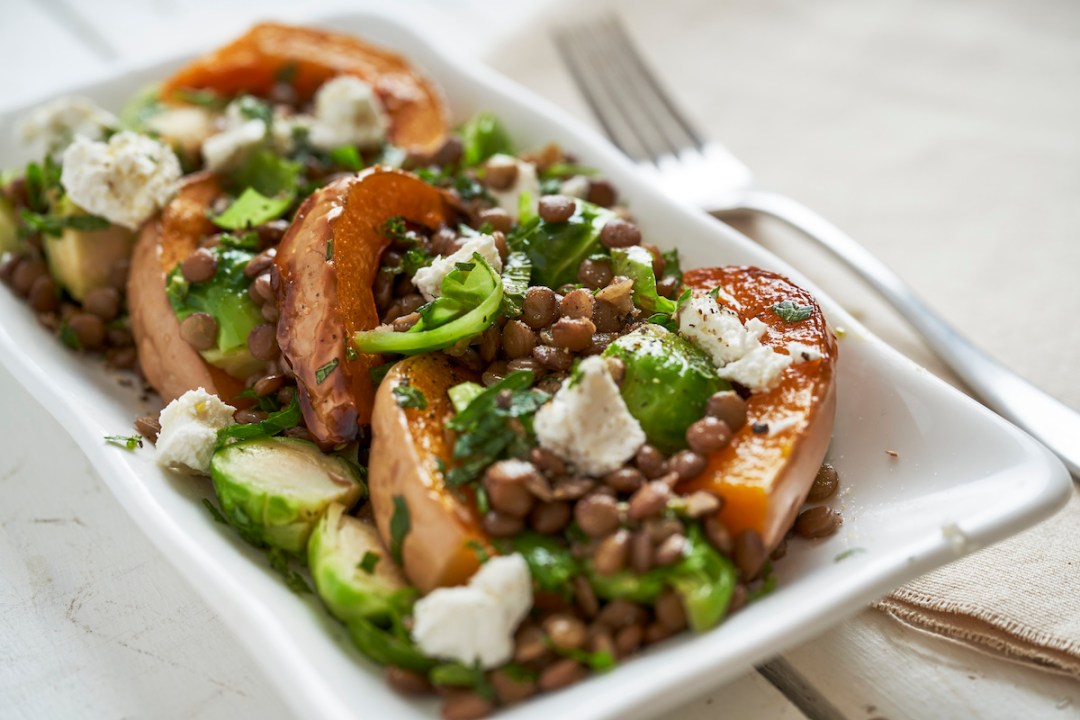 Close up of a plate of puy lentil salad