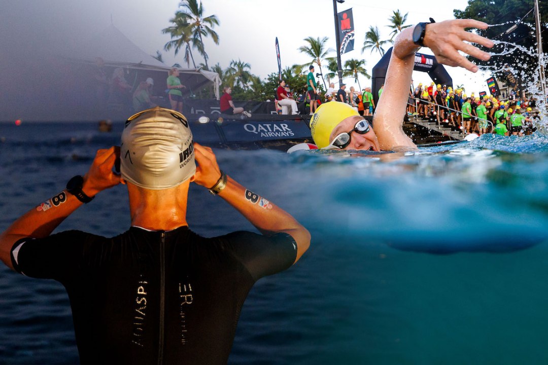 Two images merged together of the back of male triathlete's head at the start of the 2023 Ironman world champs in Nice and a female swimmer in Kona, Hawaii