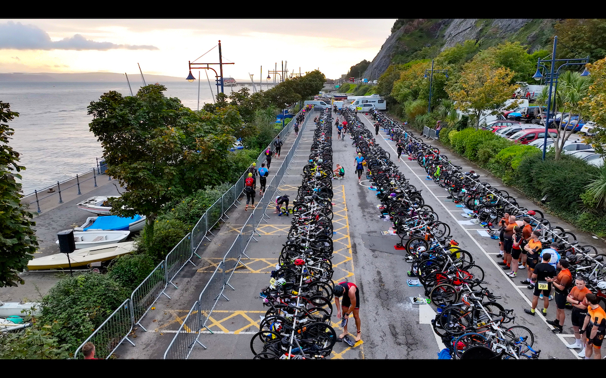 Overhead drone shot of transition at the 2023 Mumbles Triathlon