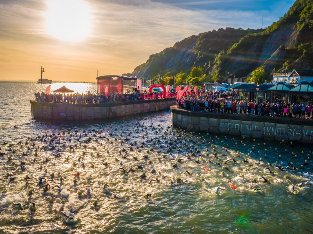 Drone shot of the swim start at the 2023 Mumbles Triathlon