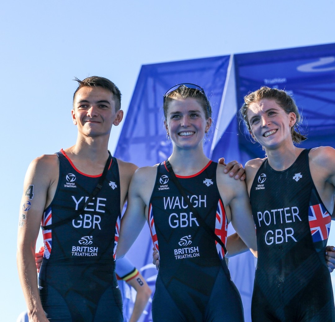 Alex Yee, Kate Waugh and Beth Potter celebrate winning silver at the 2023 Paris Olympics triathlon test event