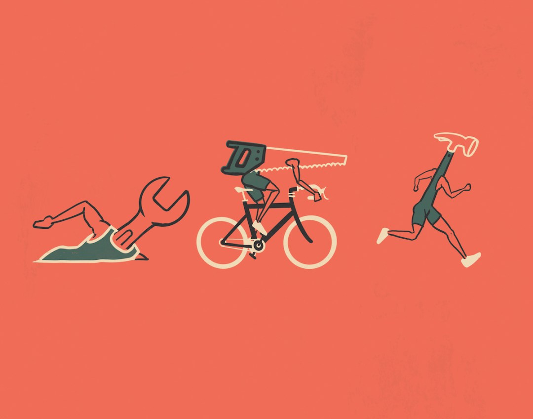 Illustration of tools as humans swim, bike and running