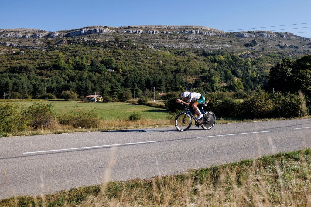 NICE, FRANCE - SEPTEMBER 10: Leon Chavalier of France competes in the bike leg during the 2023 Men's VinFast IRONMAN World Championship, on September 10, 2023 in Nice, France