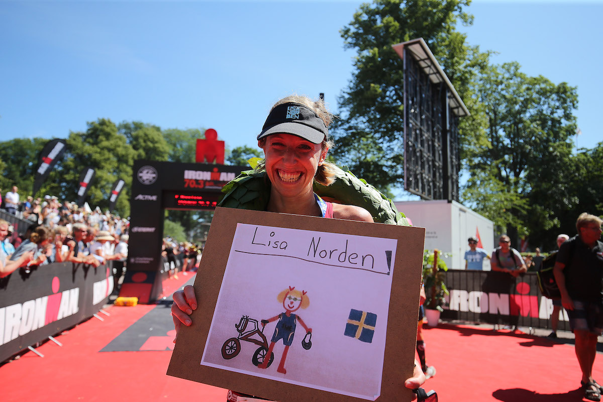Lisa Norden celebrates winning Ironman 70.3 Jonkoping 2018 in Jonkoping, Sweden