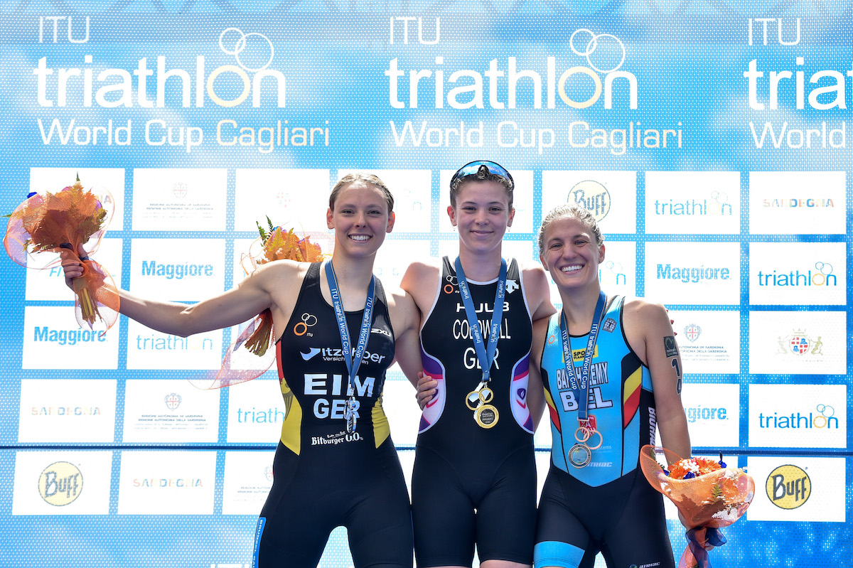 L-R: Nina Eim (silver), Sophie Coldwell (gold) and Valerie Barthelemy (bronze) on the podium of the 2019 World Cup Cagliari