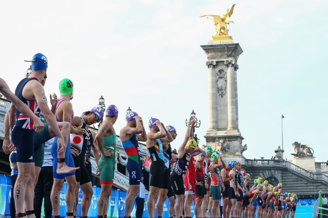 Men's elite triathletes line up at the start of the 2023 Paris Olympics triathlon test event