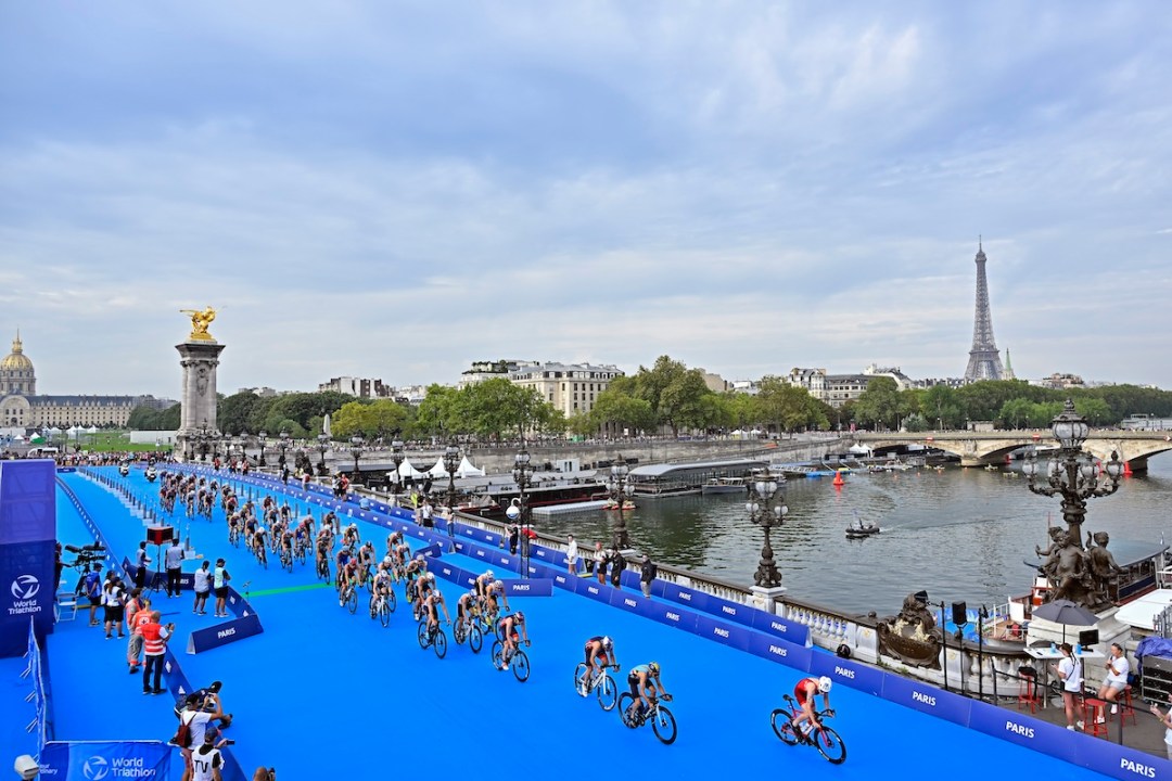 Elite male triathletes compete on Pont Alexandre III during the Men's Paris Olympics Test Event on 18 August 2023 in Paris, France.