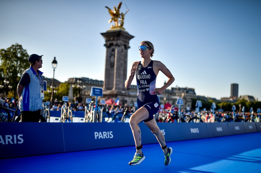 French triathlete Cassandre Beaugrand competes in the mixed team relay at the 2023 Paris Olympics triathlon test event