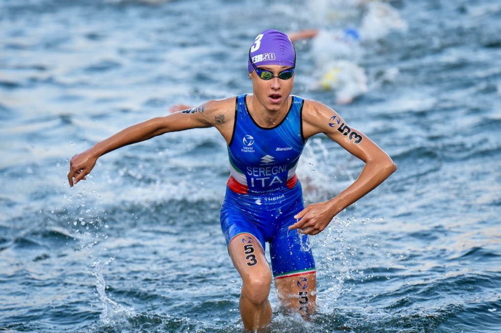 Italian triathlete Bianca Seregni was first out of the water at the 2023 Paris test event