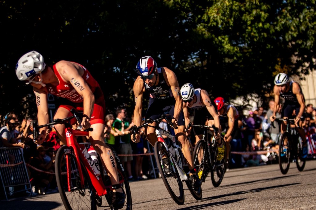 French triathlete Léo Bergere on the bike leg of the 2023 WTCS Grand Final in Pontevedra, Spain