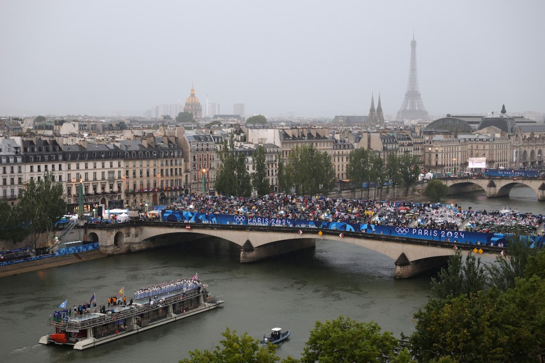 Boat with Team GB on board in the rain at Paris 2024 opening ceremony