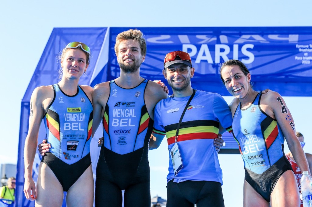 Team Belgium after winning bronze at the 2023 Paris Olympics mixed relay triathlon test even
