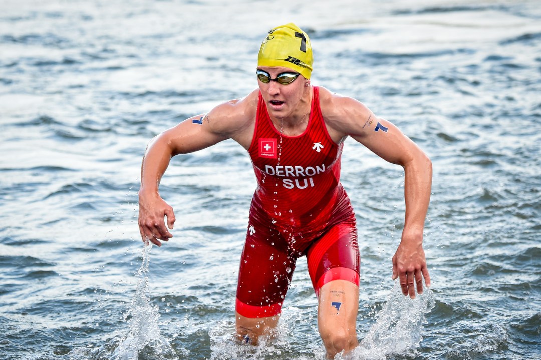 Switzerland's Julie Derron emerges from the swim in the women's Olympic triathlon