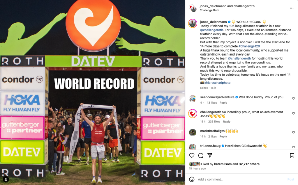 Post taken from Jonas Deichmann's Instagram account showing him completing his 106th long distance triathlon