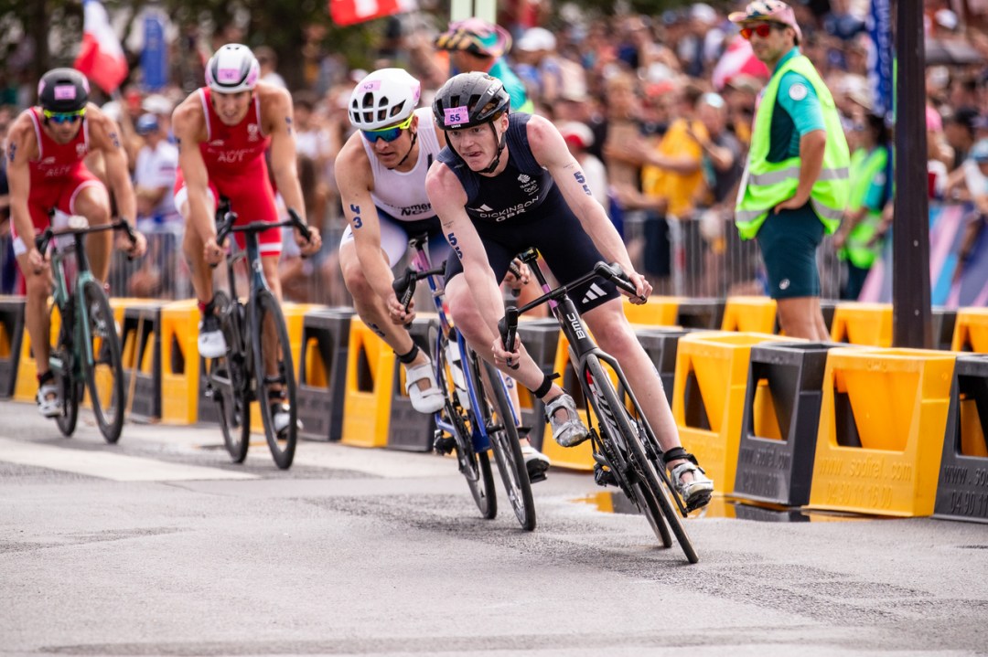 Sam Dickinson during the bike leg of the Paris Olympic triathlon