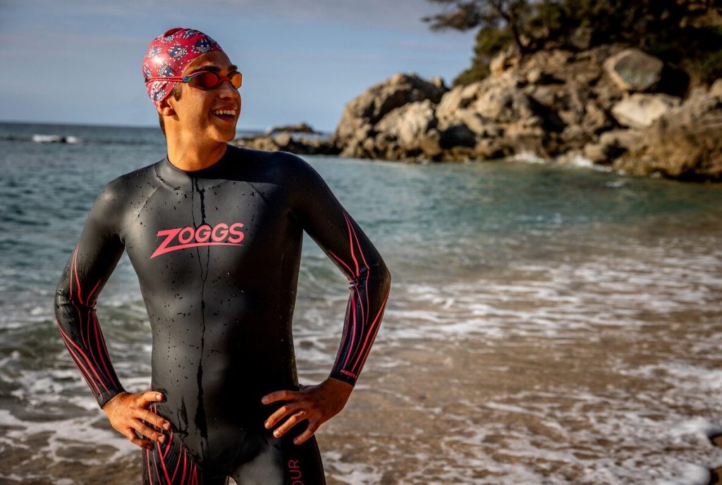 Man wearing the Zoggs Hypex Tour wetsuit