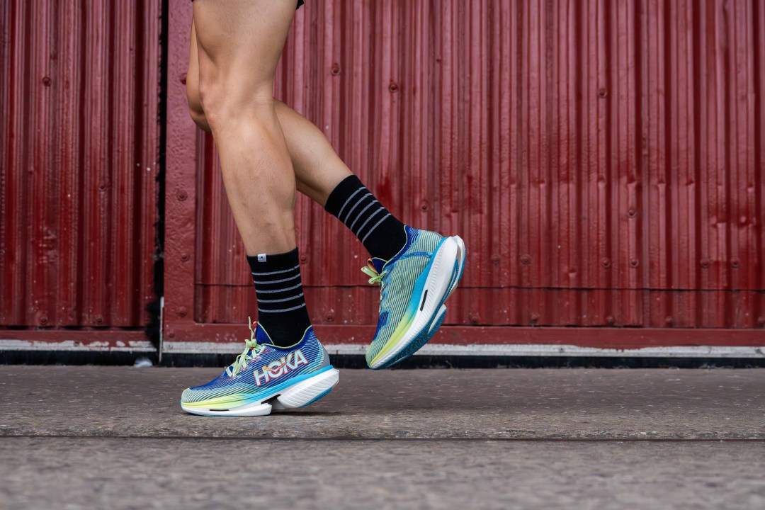 Close-up of person running in Hoka Ceilo x1 running shoes