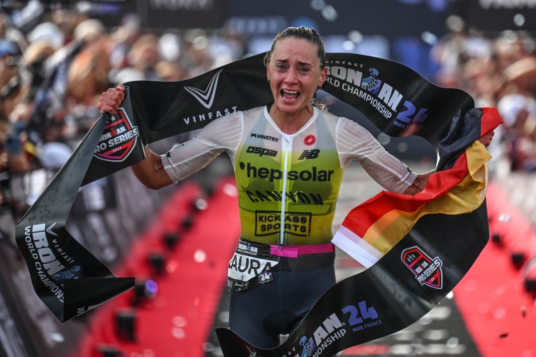 Laura Philipp takes the tape at the Ironman World Championship in Nice