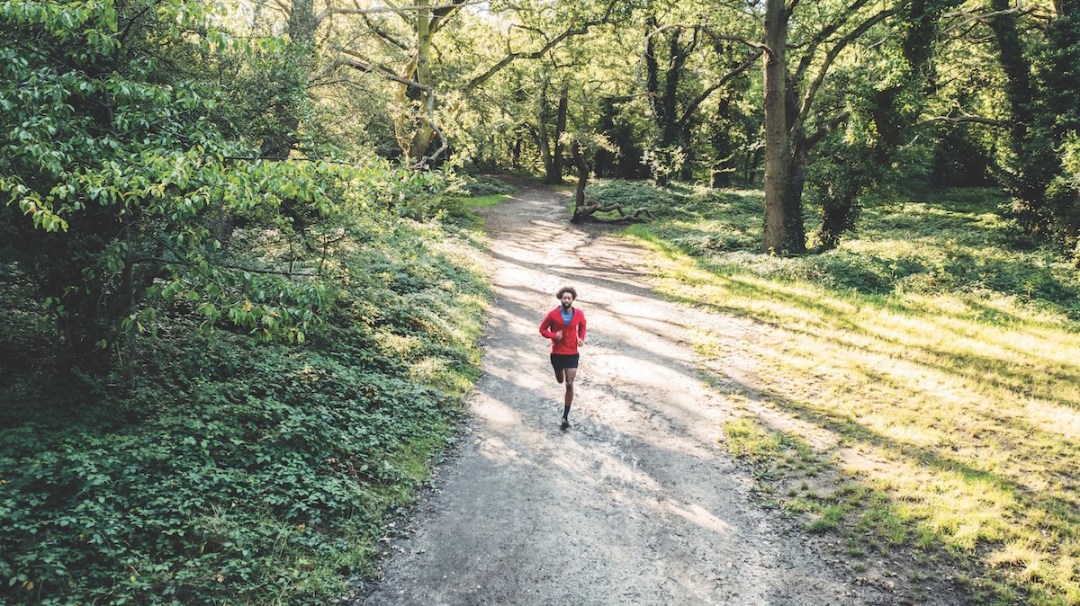 Full length high angle view of Black athlete in mid 20s wearing workout clothing and approaching camera on footpath through tree area.