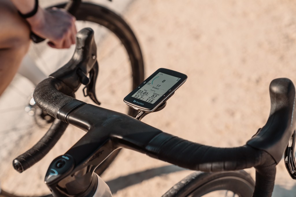 Bryton Rider S800 T bike computer mounted to handlebar