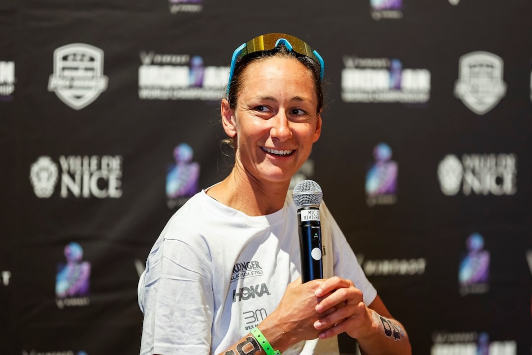 Nikki Bartlett of Great Britain speaks during a press conference after the 2024 Women's VinFast IRONMAN World Championship on September 22, 2024 in Nice, France.