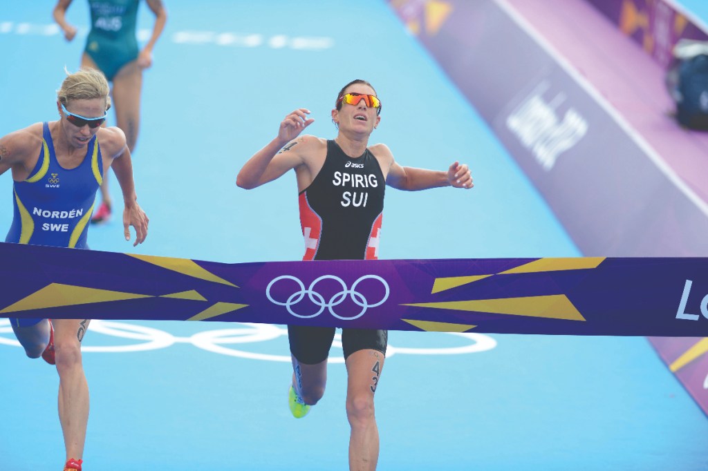 Nicola Spirig breaks the tape at the 2012 Olympics