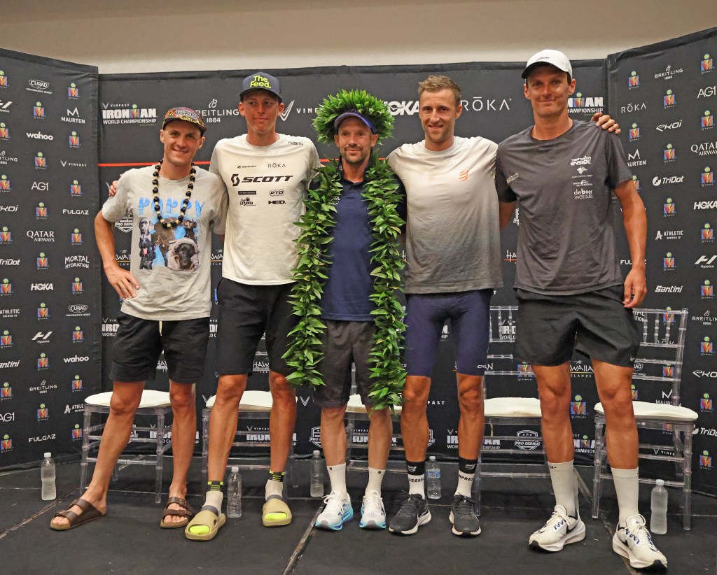 The top five in the men's Ironman World Championship. From left to right: Leon Chevalier, Magnus Ditlev, Patrick Lange, Rudy Von Berg, Menno Koolhaas (Pic credit: Ironman)