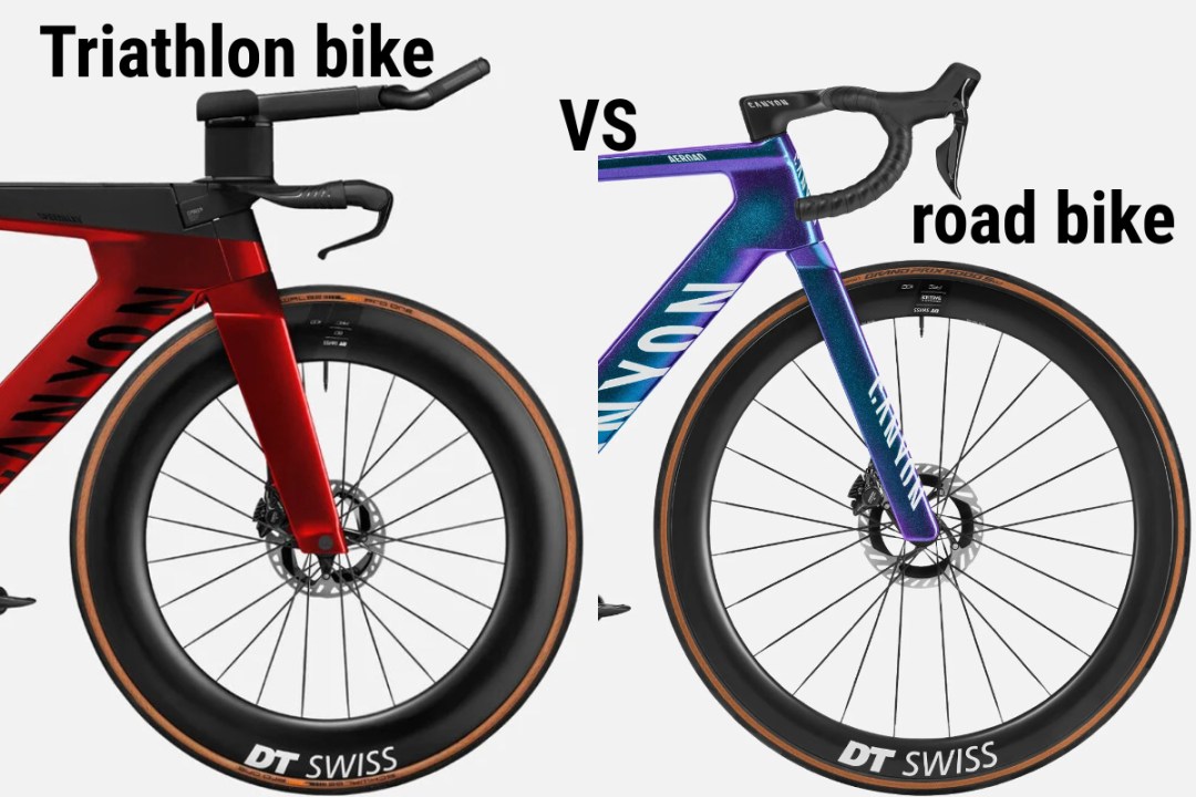 Collage of two bikes with text that reads 'triathlon bike vs road bike'