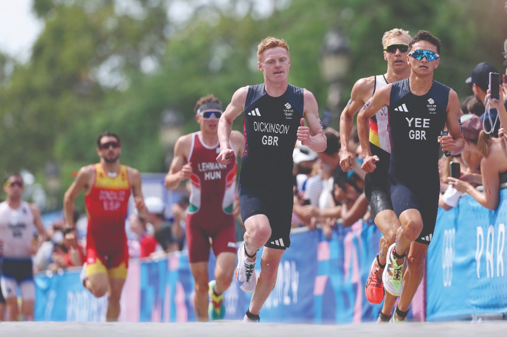 Male triathletes runnning at the Paris 2024 Olympics