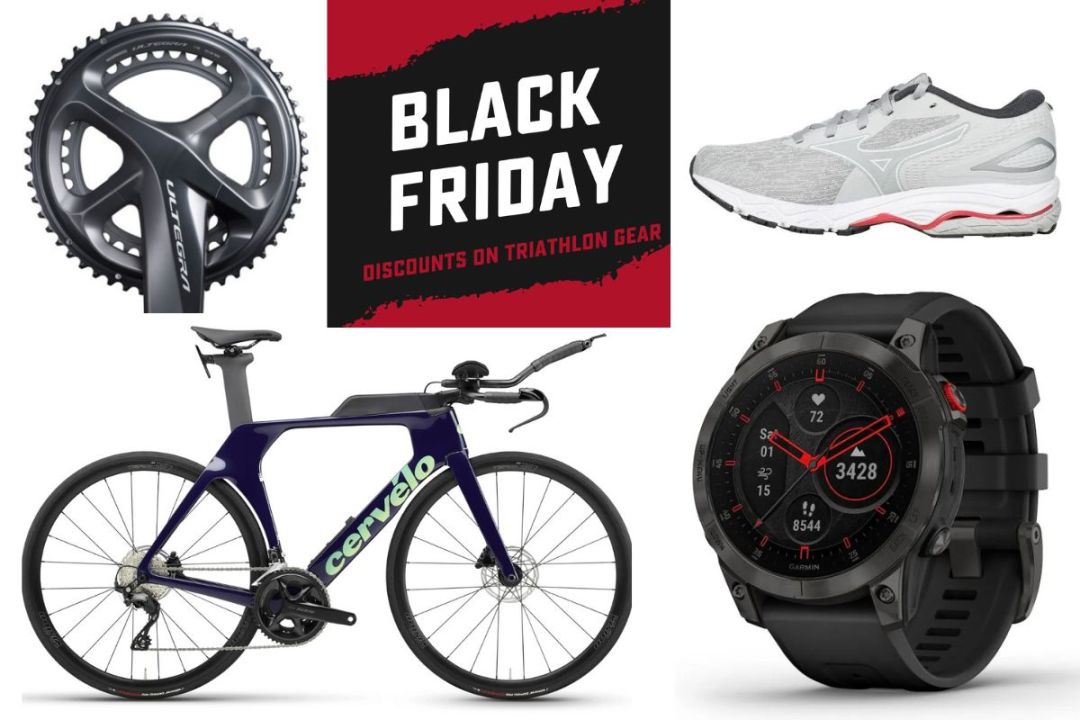 Collage of running, cycling products with text that reads 'Black Friday, discounts on triathlon gear'