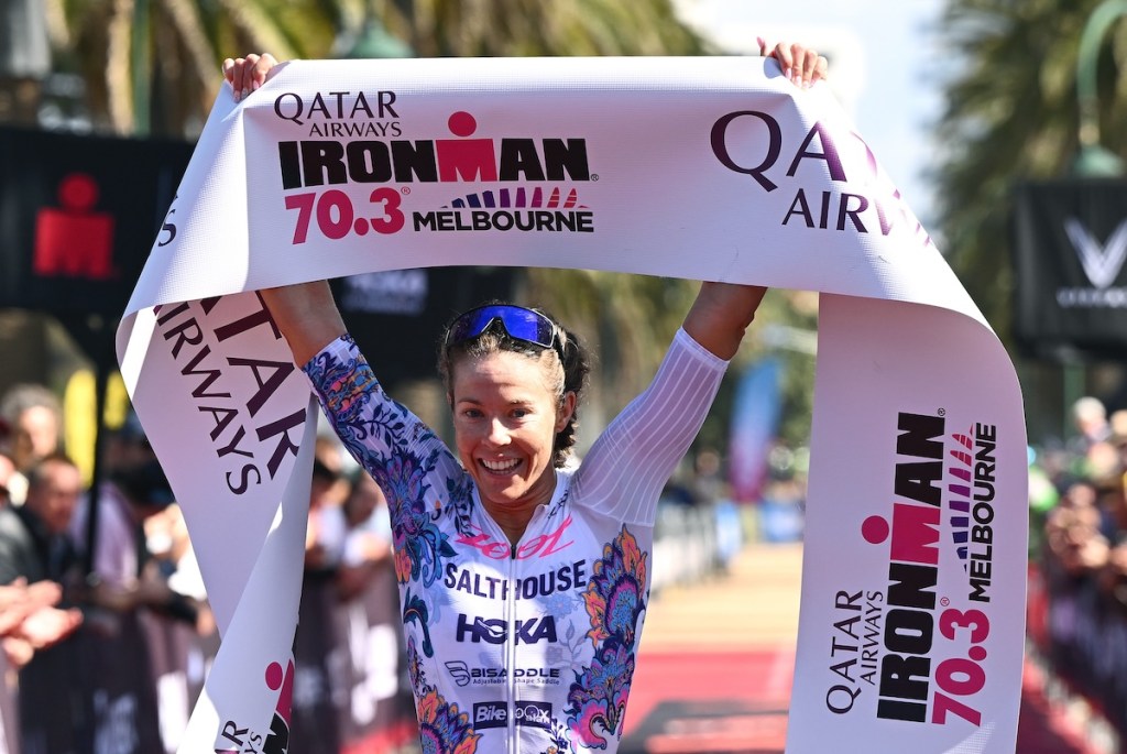 Ellie Salthouse celebrates winning Ironman 70.3 Melbourne 2024