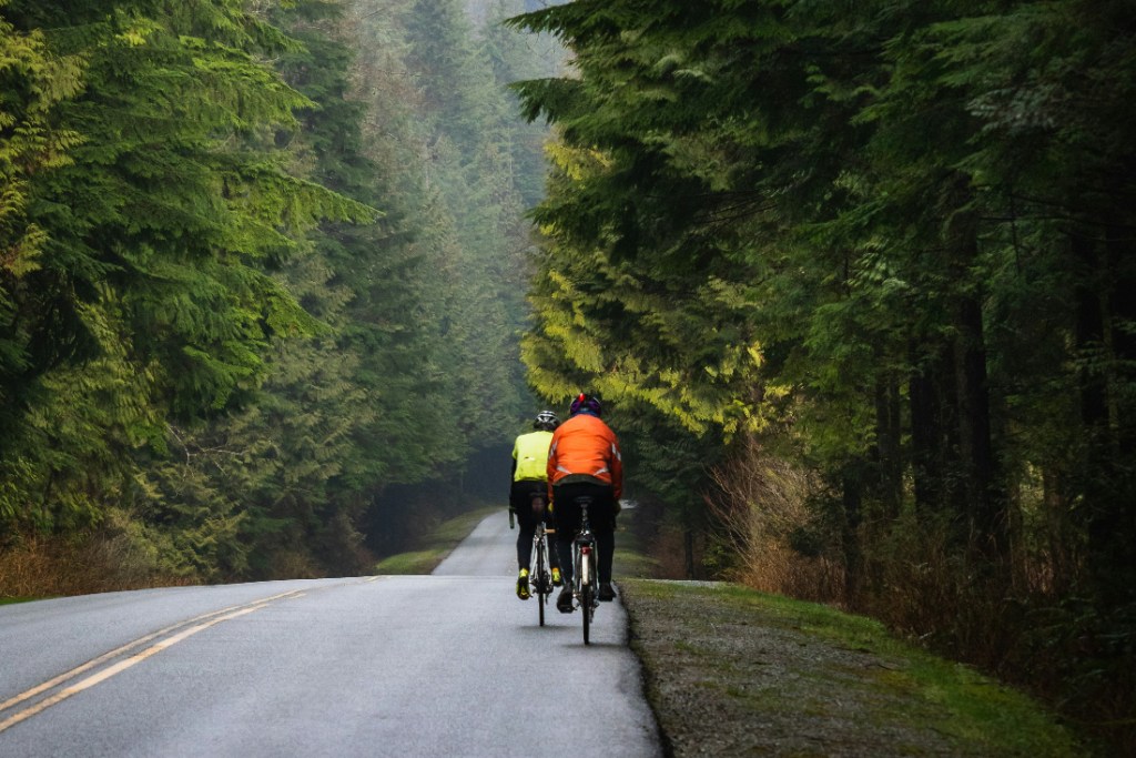 Cyclists wearing bright jackets riding on road