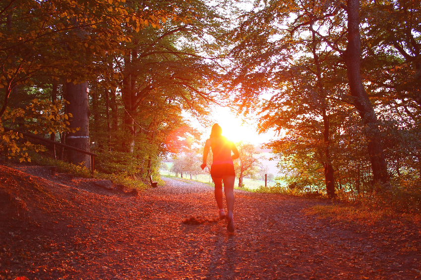 Woman running through sun-dappled forest